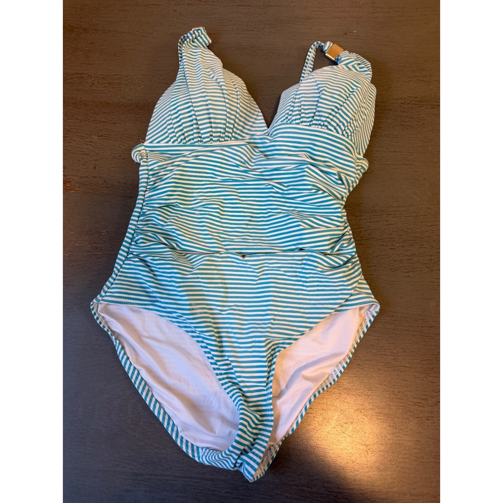 Nip Tuck Swim Teal White Striped One Piece Swimsuit Ruched Tummy Control Size 6